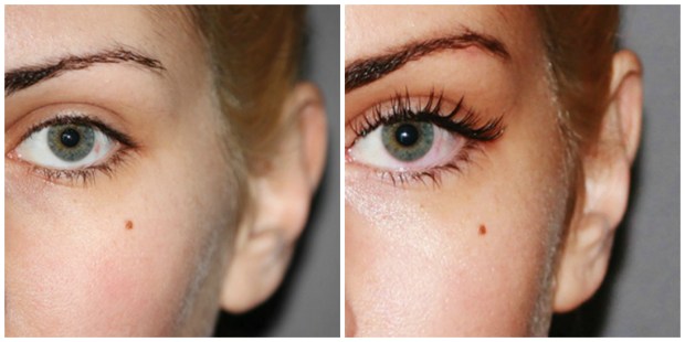 A model before and after eyelash extensions