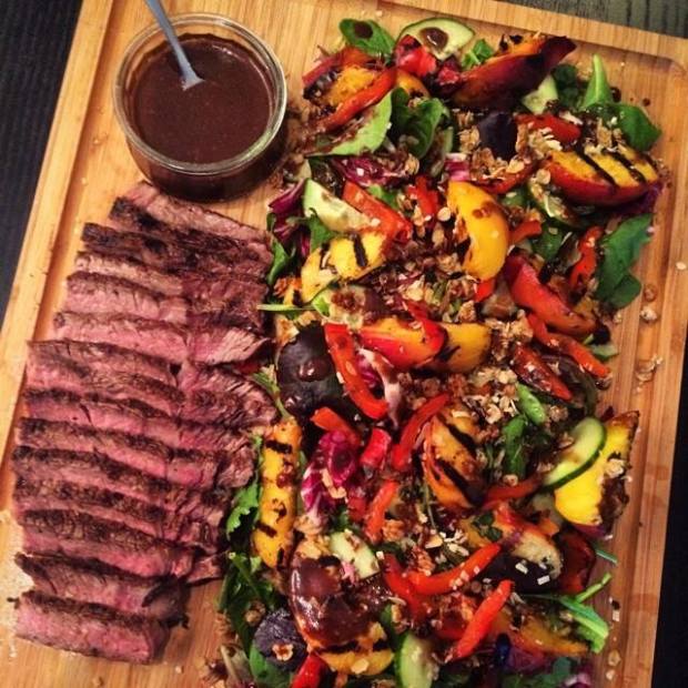 A typical (and ALWAYS delicious) dinner with my fiancé: Dry-aged Ribeye steak salad with grilled peaches, charred peppers, arugula, fresh mint, toasted coconut & granola with chilli-cocoa vinaigrette. See what I mean?
